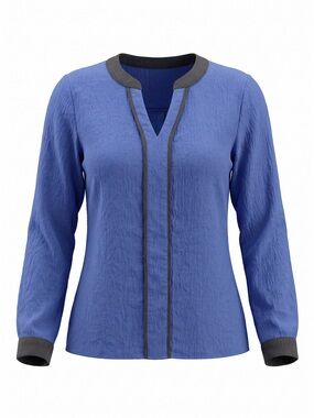 Blue Long-Sleeve V-Neck Trimmed Women's Top